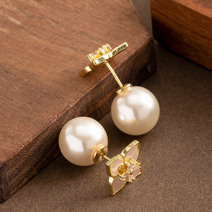 Delicate Shell Clover Pearl Earrings Elegant Silver Studs