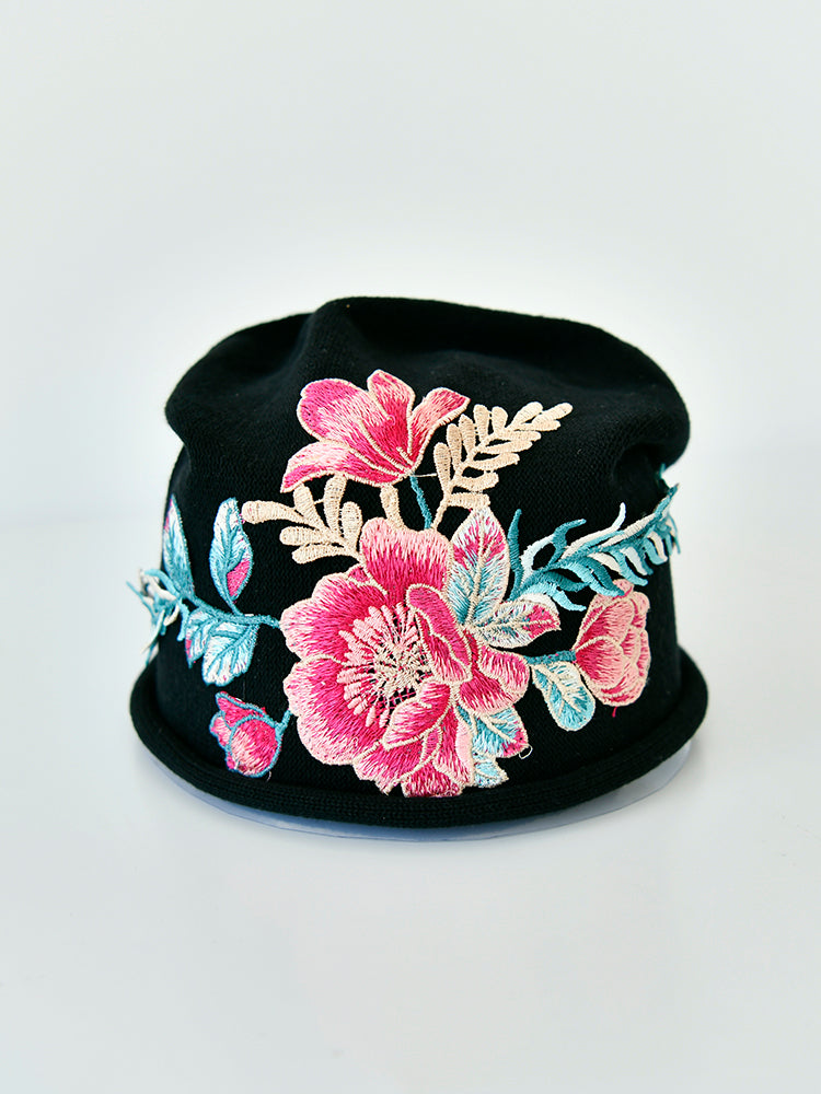 Black Pile Hat Women'S Autumn And Winter Embroidery Thin Postpartum Knitted Woolen Confinement Hat Versatile Bun Cap