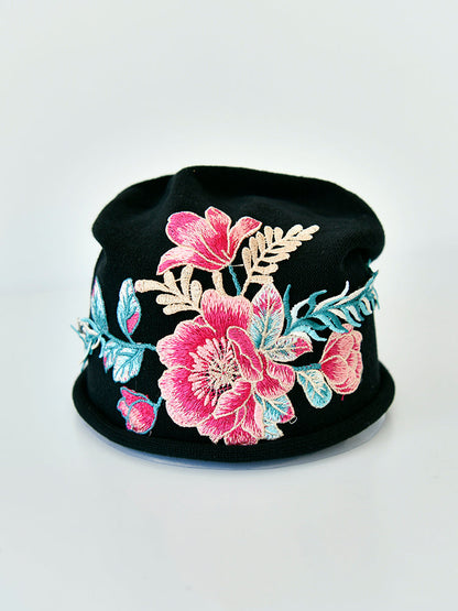 Black Pile Hat Women'S Autumn And Winter Embroidery Thin Postpartum Knitted Woolen Confinement Hat Versatile Bun Cap