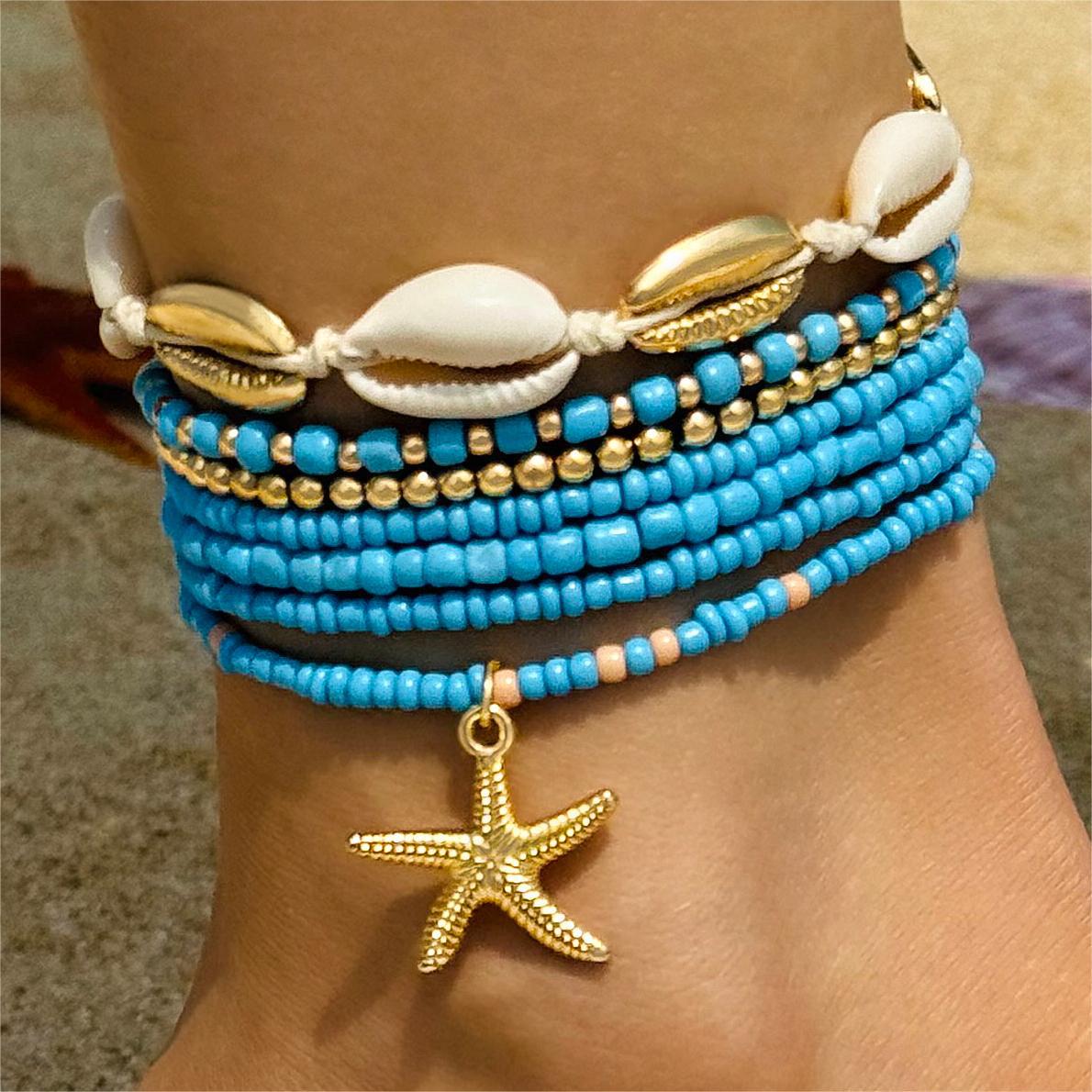 Bohemian Seashell Beaded Anklets Set With Starfish Elements