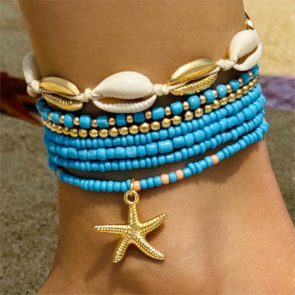 Bohemian Seashell Beaded Anklets Set With Starfish Elements