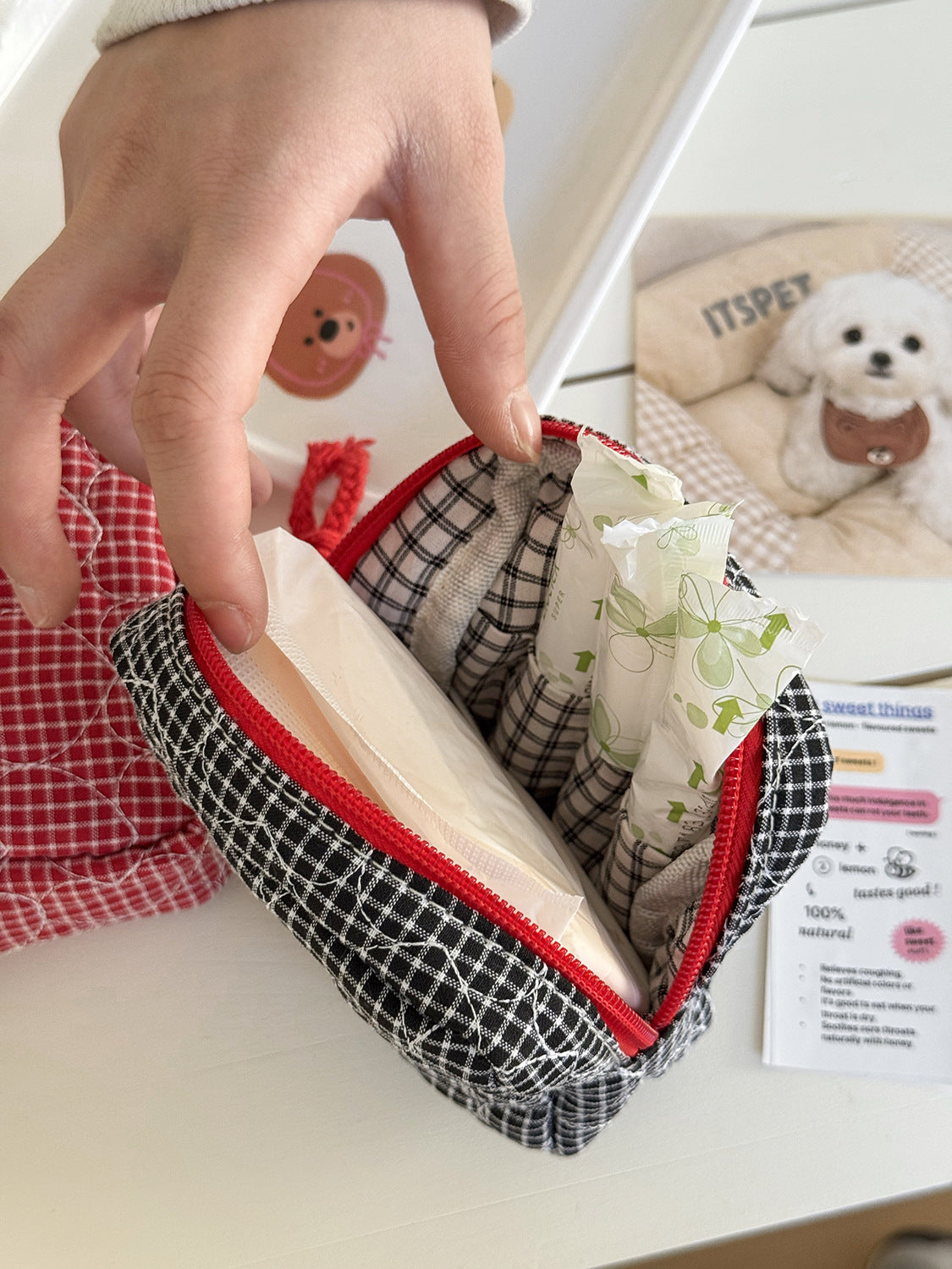 Color Block Heart Plaid Quilted Makeup Bag