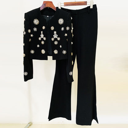 Trendy Casual Beaded Jacket And Flared Pants Set