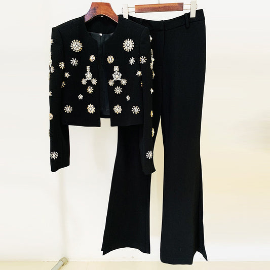 Trendy Casual Beaded Jacket And Flared Pants Set