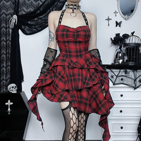 Backless Red Checkered Bodycon Dress
