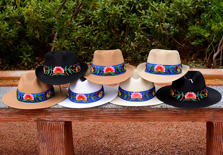 National Style Embroidered Hat Straw Hat Sun-Proof Visor Big Brim Summer Days Ladies National Hat