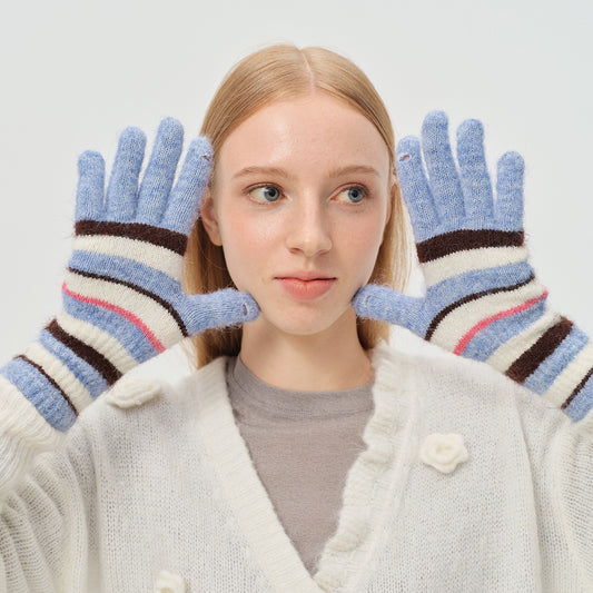 Rainbow Striped Knit Gloves Warm Casual Wool Blend Mittens