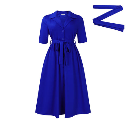 Stylish Casual Solid Color Belted A-Line Dress