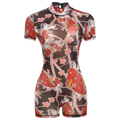 Sexy Backless High Neck Printed Bodysuit Shorts For Women