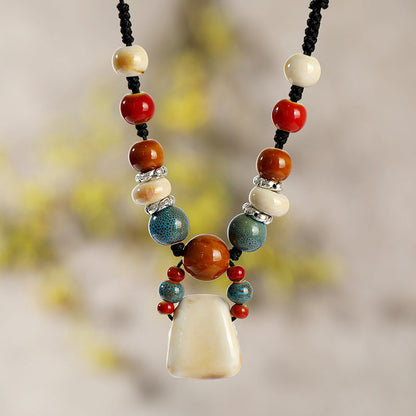 Retro Ethnic Style Ceramic Necklace For Women'S Simple Collar Chain Versatile Red Pendant Long Sweater Chain Pendant Accessories