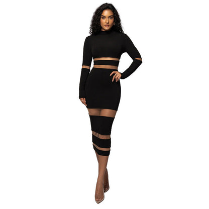 Trendy Elegant High-Neck Color Block Maxi Dress