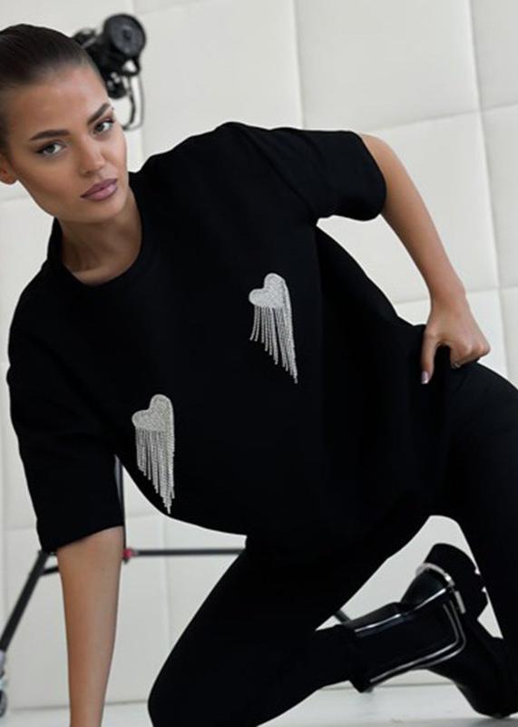 Embellished Cotton T Shirt With Rhinestone Wings