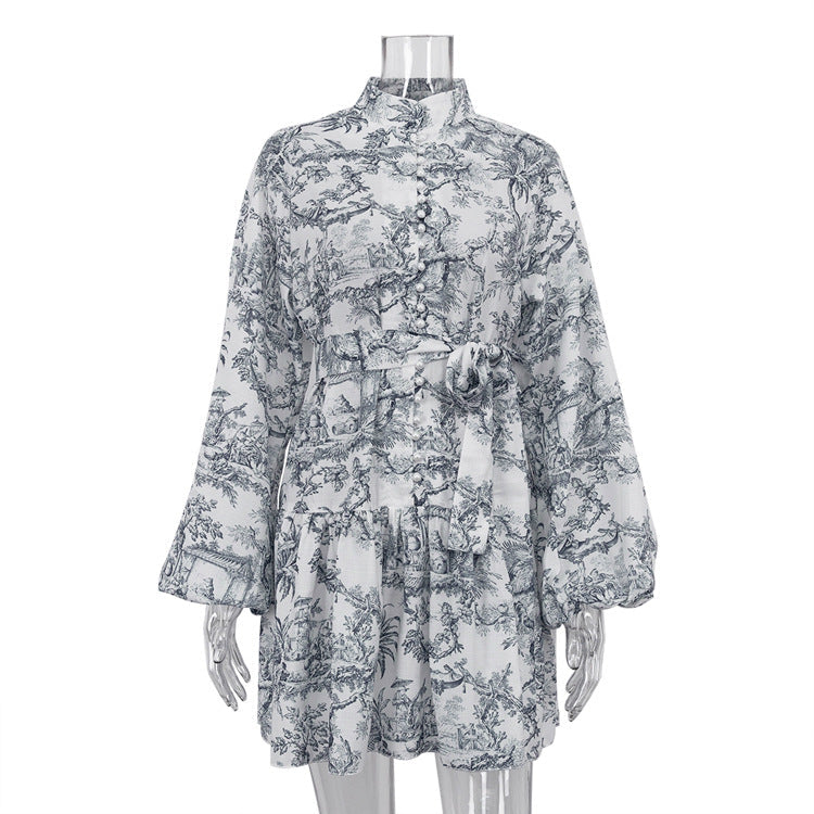 The New National Style Ink Print Short Dress With Bubble Sleeve Stand Collar And Retro A-Line Skirt