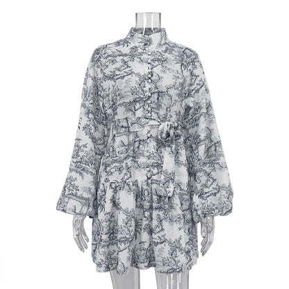 The New National Style Ink Print Short Dress With Bubble Sleeve Stand Collar And Retro A-Line Skirt