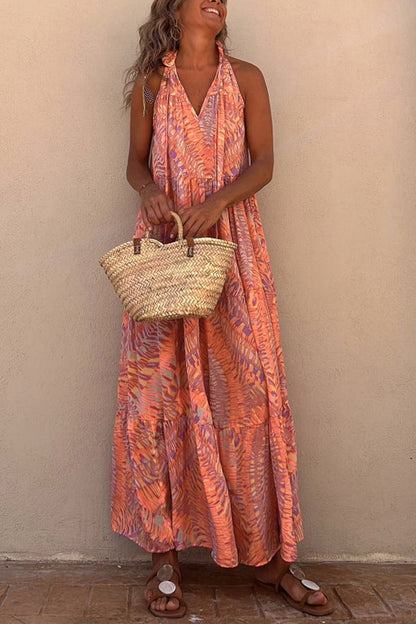Summer Loose Fitting Women'S Printed Neck Hanging Sleeveless V-Neck Large Swing Long Dress