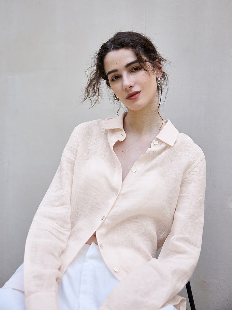 Relaxed Fit Solid Color Linen Shirt For Women