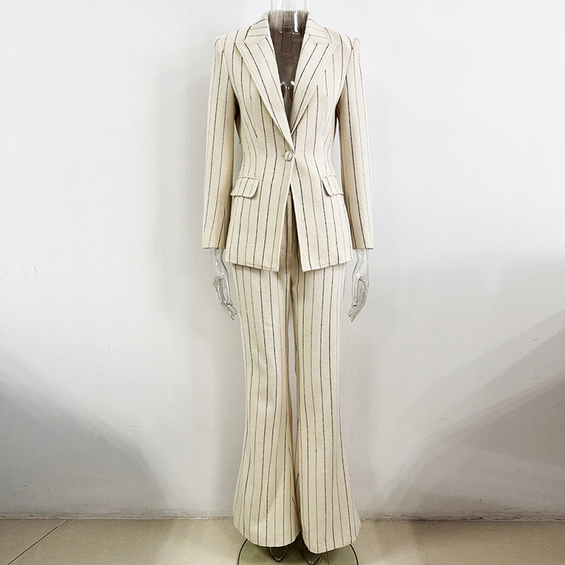 Fashionable Striped Blazer And Pants Set - All-Season Ensemble
