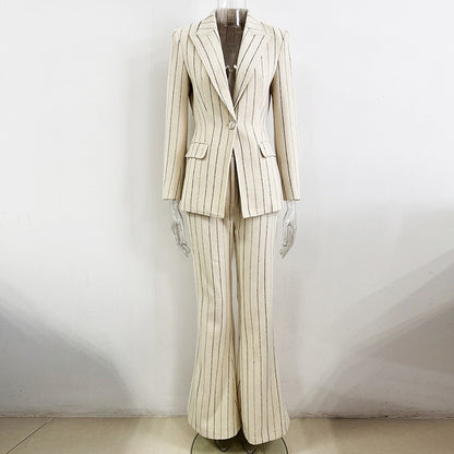 Fashionable Striped Blazer And Pants Set - All-Season Ensemble