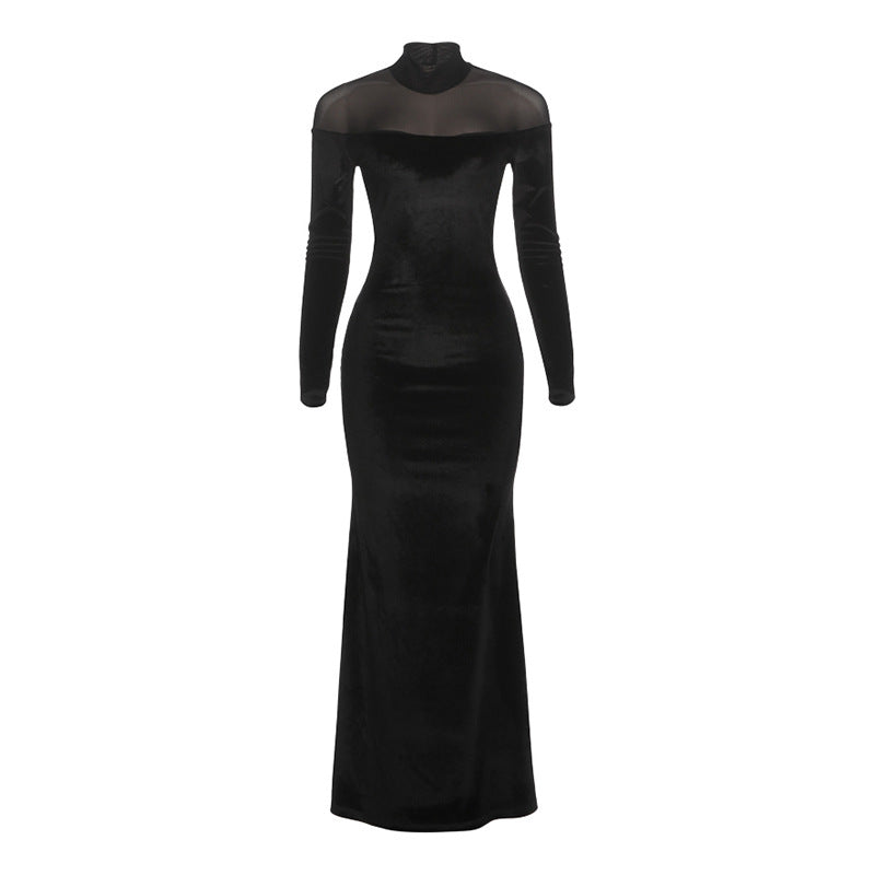Elegant High Neck Long Sleeve Dress For Women - Solid Color Fit And Flare
