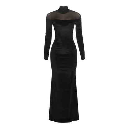 Elegant High Neck Long Sleeve Dress For Women - Solid Color Fit And Flare