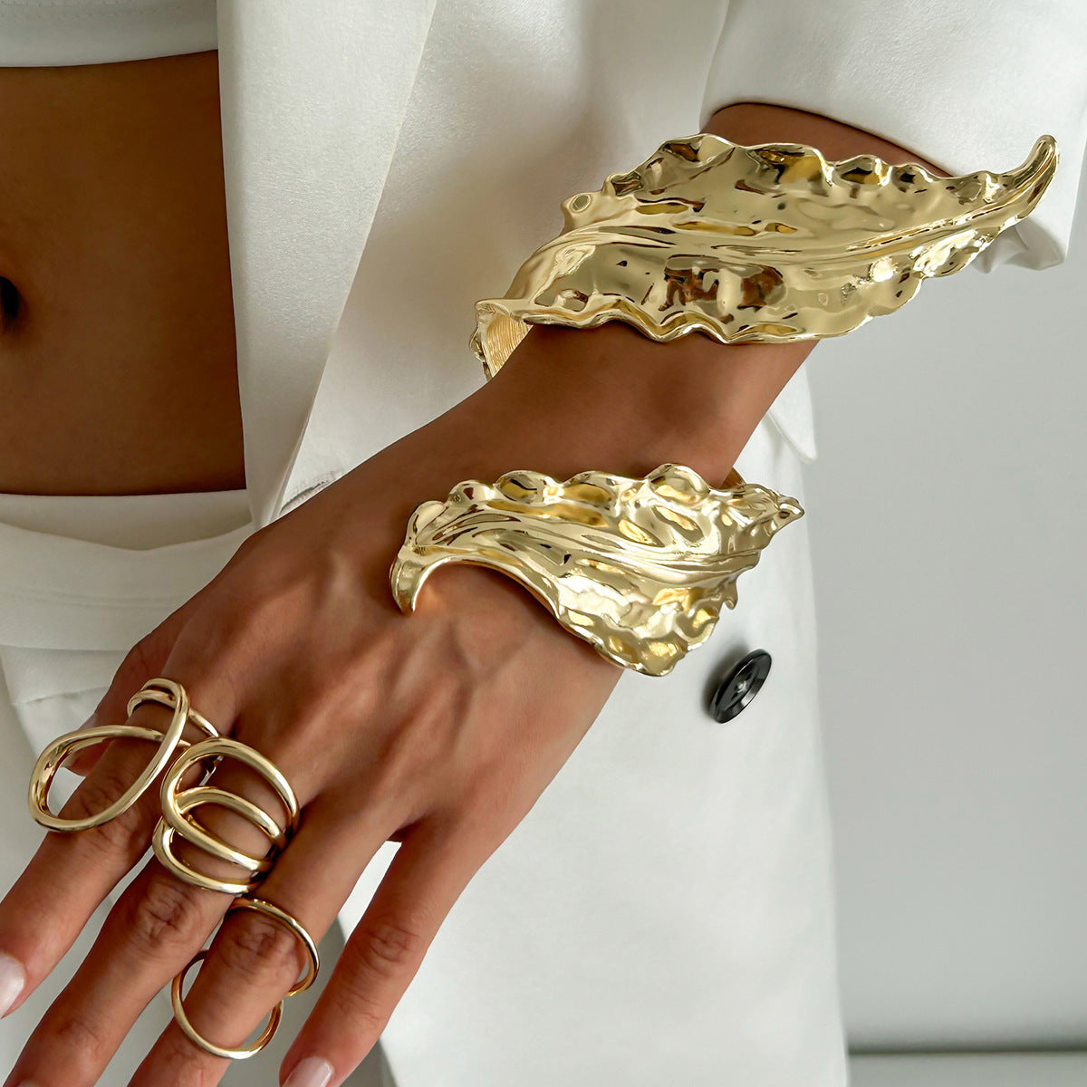 Liquid Metal Leaf Cuff Bracelet Stylish Spring-Loaded Bangle