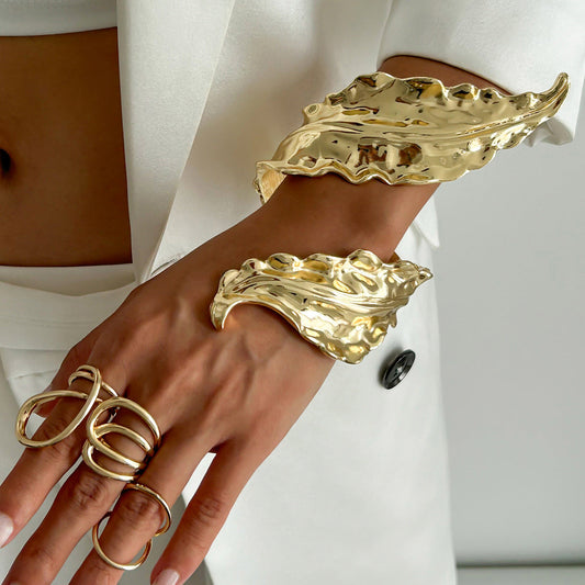 Liquid Metal Leaf Cuff Bracelet Stylish Spring-Loaded Bangle