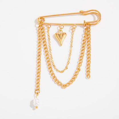 Trendy Metal Chain Tassel Brooch Pin With Stone Detail