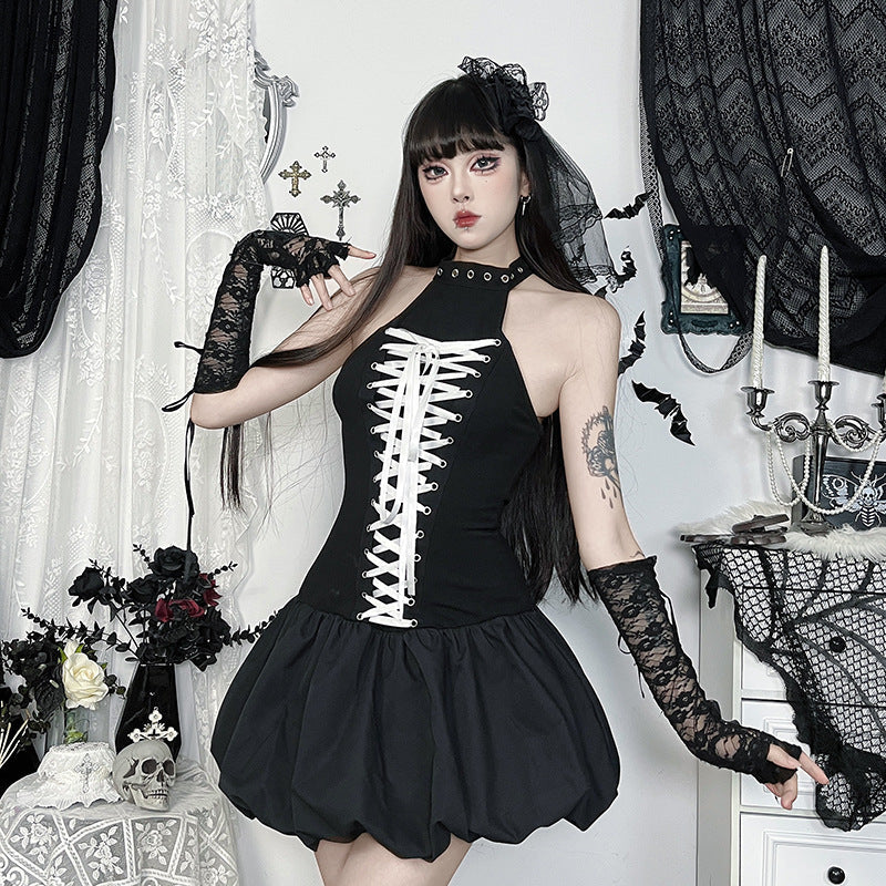 Black Goth Style Halter Neck Tie Back Mini Dress