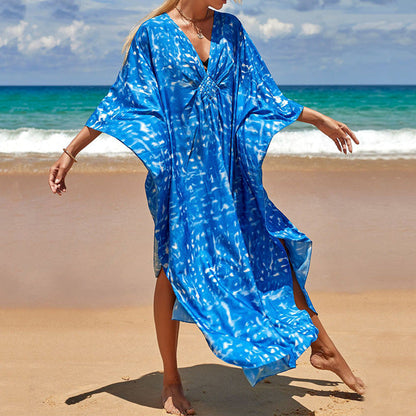 Summer Cotton Printed Beach Blouse Vacation Casual Bikini Sunscreen Beach Skirt