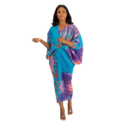 Fashion Batwing Sleeve Printed V-Neck Dress
