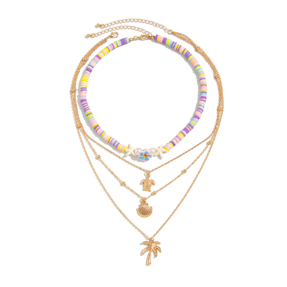 Colorful Polymer Bead Scallop Layered Chain Necklace