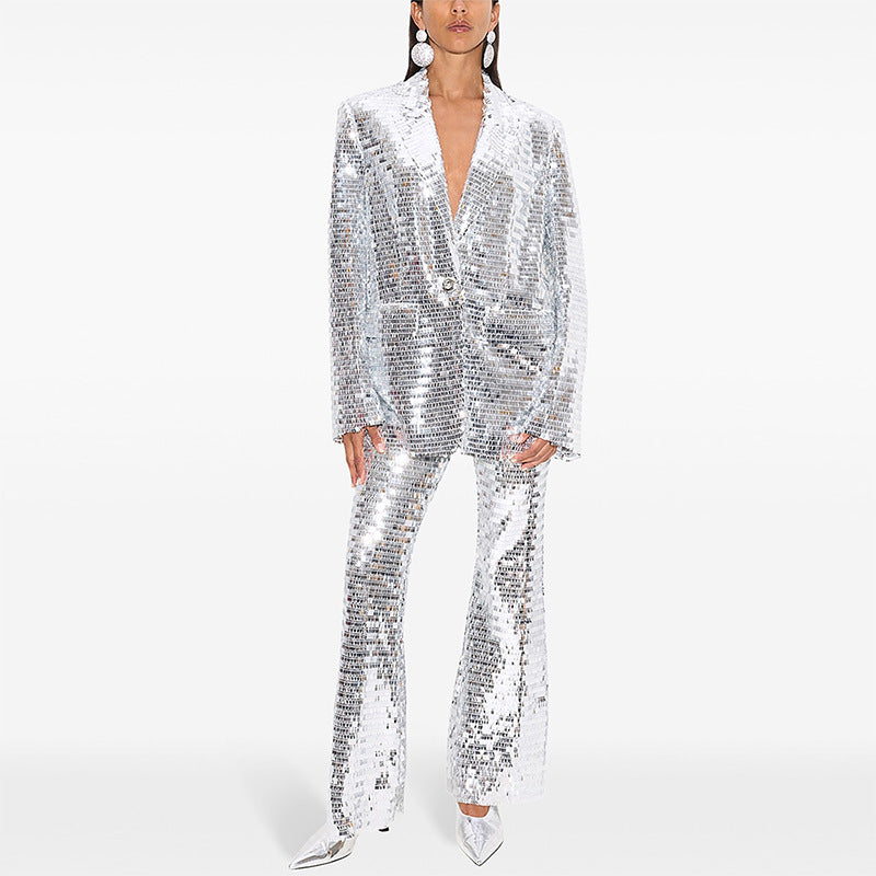 Trendy Sequined Blazer Pantsuit Set