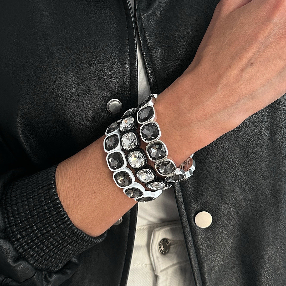 Trendy Geometric Acrylic Beaded Bracelets Stackable Metal Bangles For Women