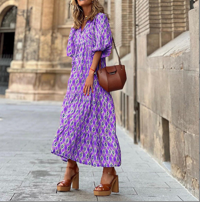 Geometric Patch Puff Sleeve Dress