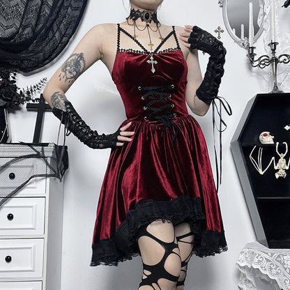 Dark Velvet Lace-Up Bodycon Dress with V Neck