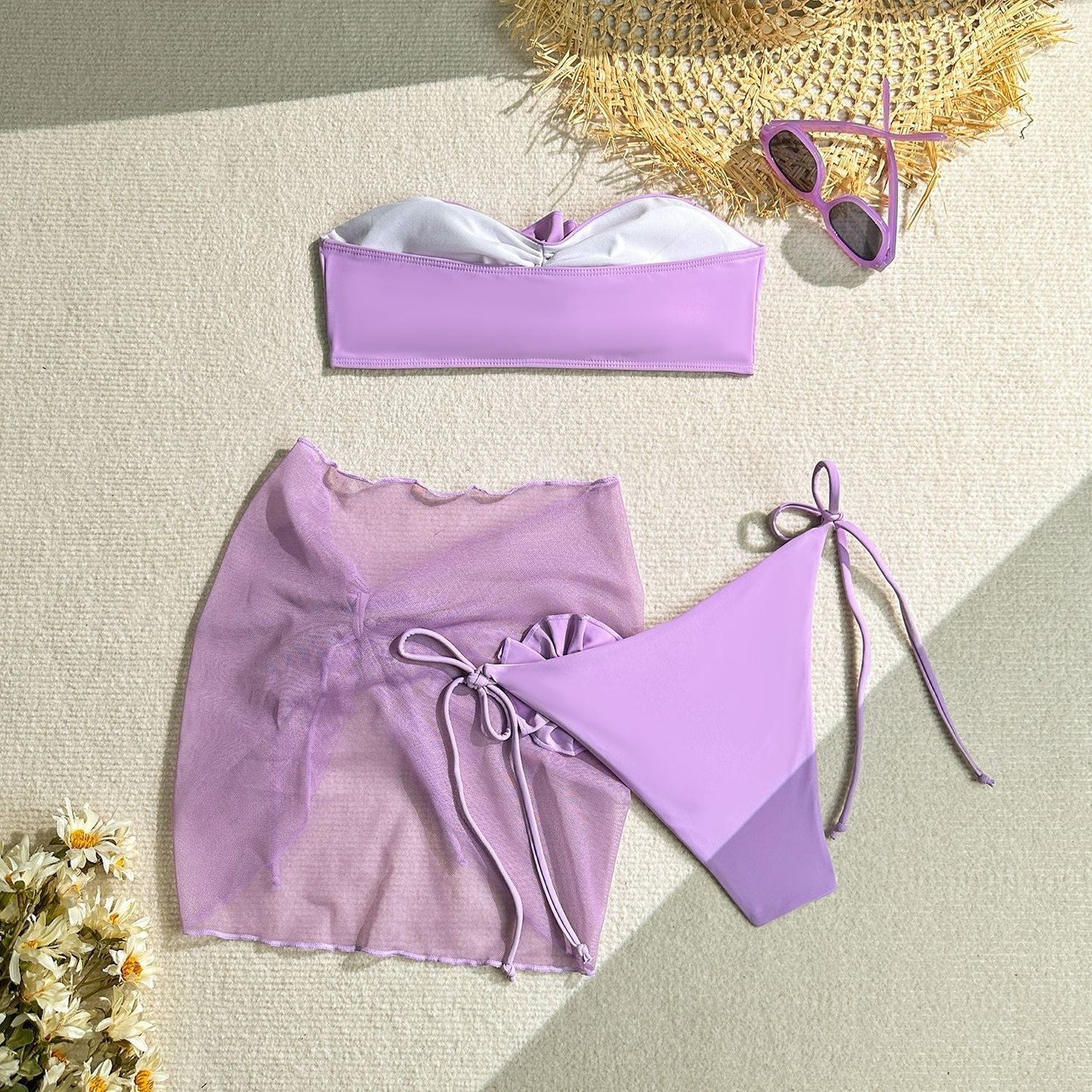3-Piece Sexy 3D Floral Bandeau Bikini Set
