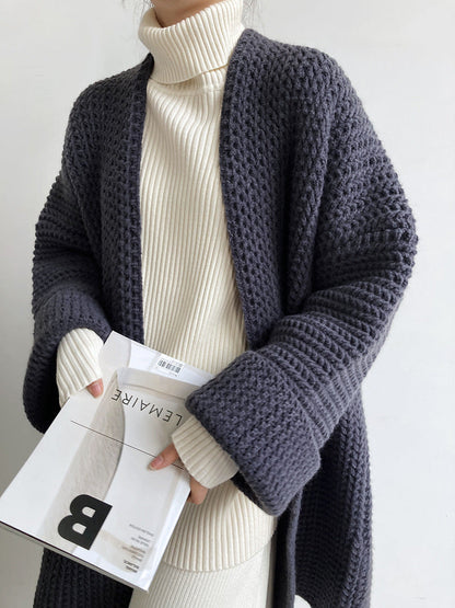 Solid Color Hollow Out Open Front Knit Cardigan