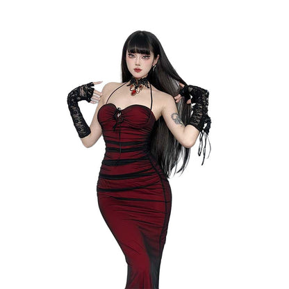 Black Red Halter Maxi Dress Unique Goth Style