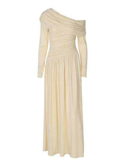 Elegant Off-Shoulder Solid Color Dress with Ruched Waist