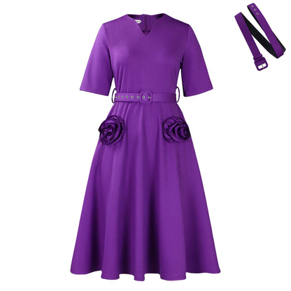 Elegant V-Neck A-Line Dress With Belt