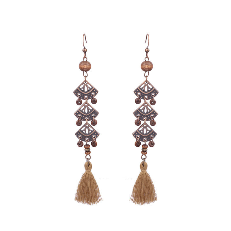 Exaggerated Vintage Geometric Wooden Earrings with Tassel and Bell