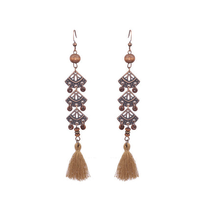 Exaggerated Vintage Geometric Wooden Earrings with Tassel and Bell