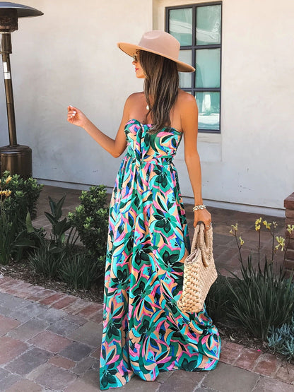 Summer Temperament Women'S Print High Waist Wrap Chest Jumpsuit Casual Pants