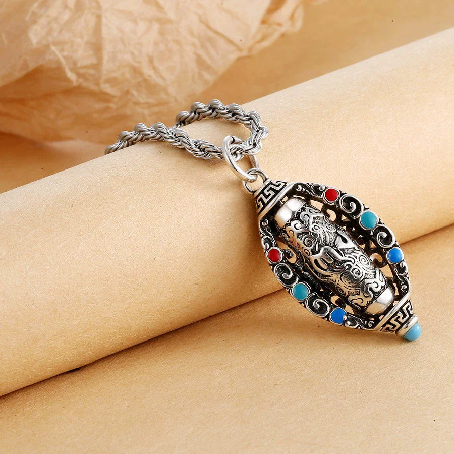 S925 Silver-Plated Rotating Six-Character Mantra Sutra Pendant, Men'S And Women'S Tibetan Style Retro And Old Necklace