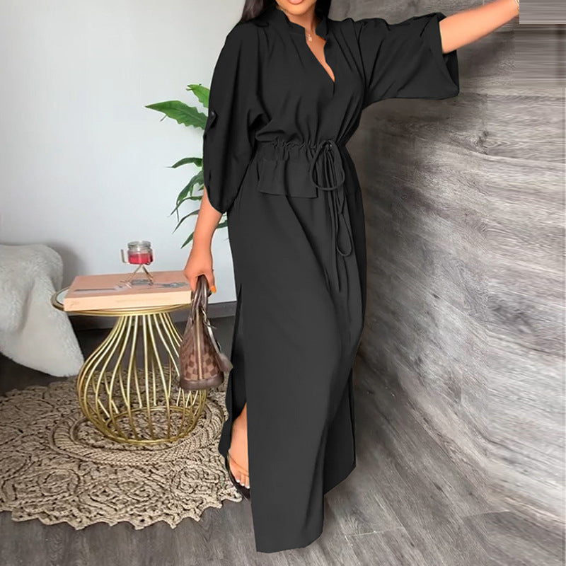 Women'S Casual Fashion Stand-Up Collar Split Length Dress Solid Color Dress