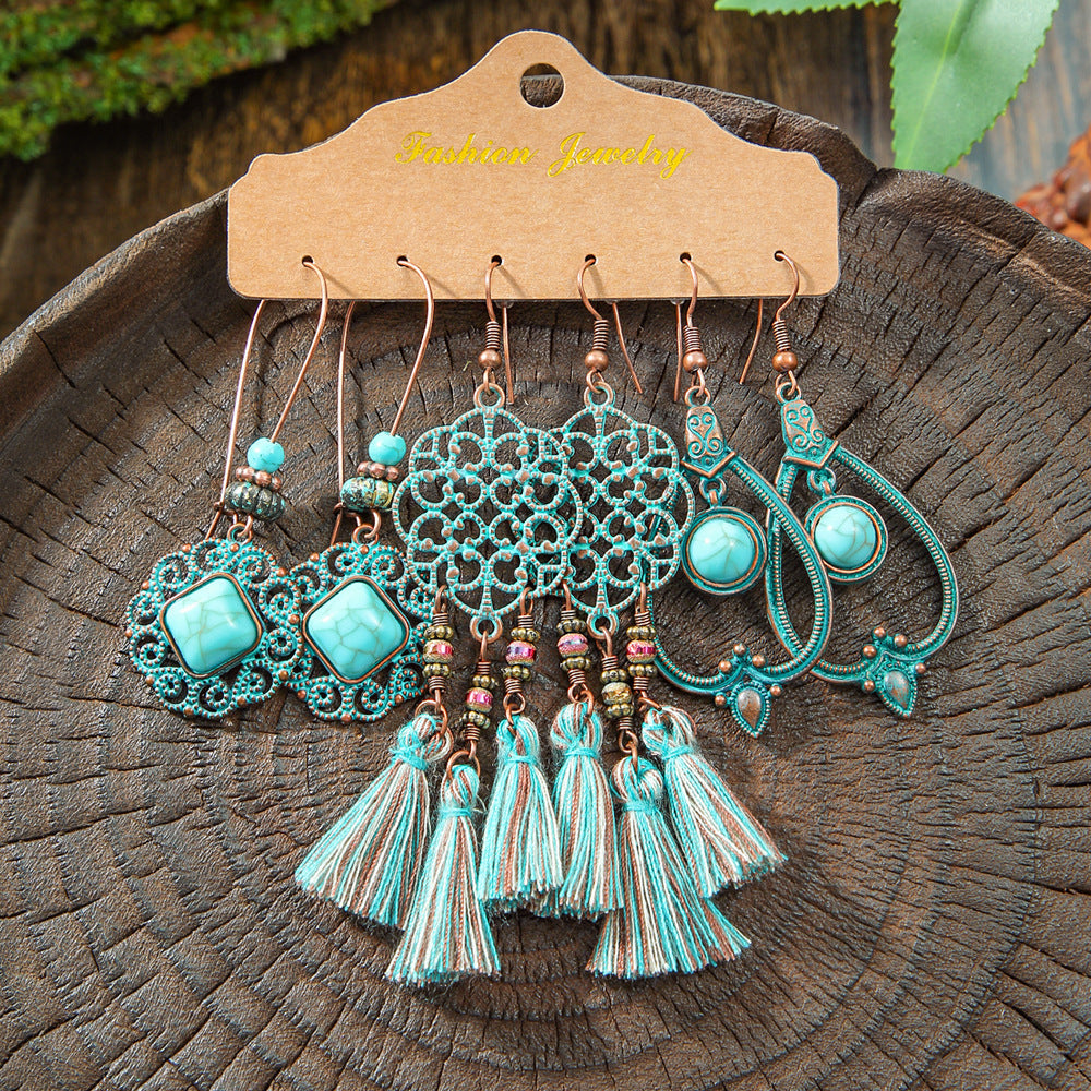 Vintage Bohemian Hollow Geometric Tassel Earrings
