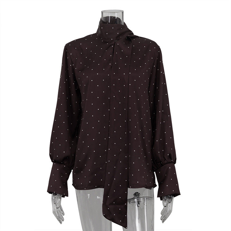 Polka Dot Satin Blouse with Tie Front Elegant Long Sleeve Shirt