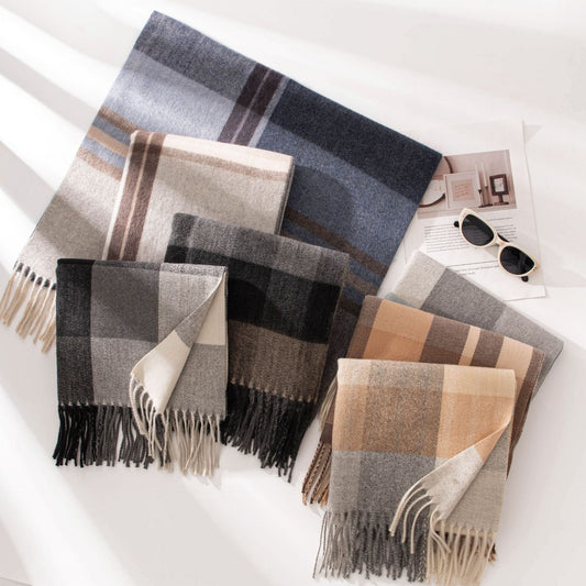 Vintage Plaid Color Block Fringe Wool Scarf