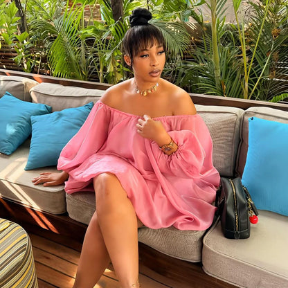 Off-Shoulder Puff Sleeve Dress In Blush And Fuchsia For Plus Size