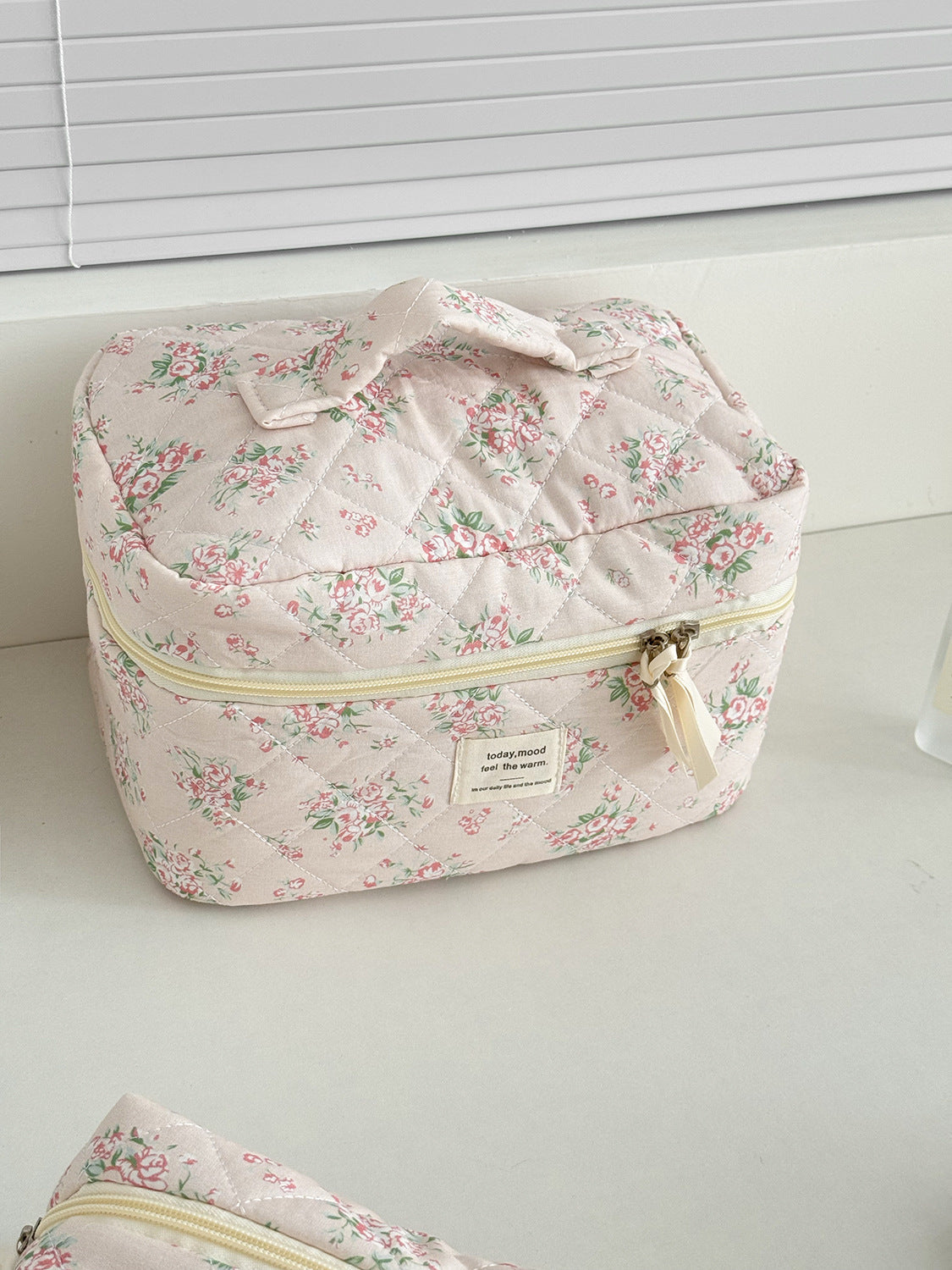 Pink Floral Quilted Makeup Travel Bag Stylish Large Capacity
